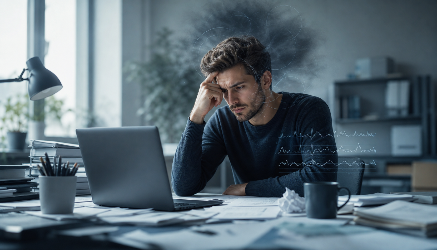 stresszes férfi az irodában